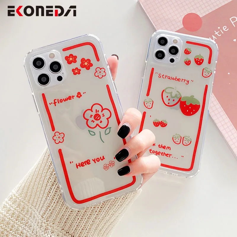 

EKONEDA Soft TPU Protective Case For iPhone 11 12 Pro XS Max 8 7 Plus XR X Silicone Case Red Strawberry Floral Clear Cover
