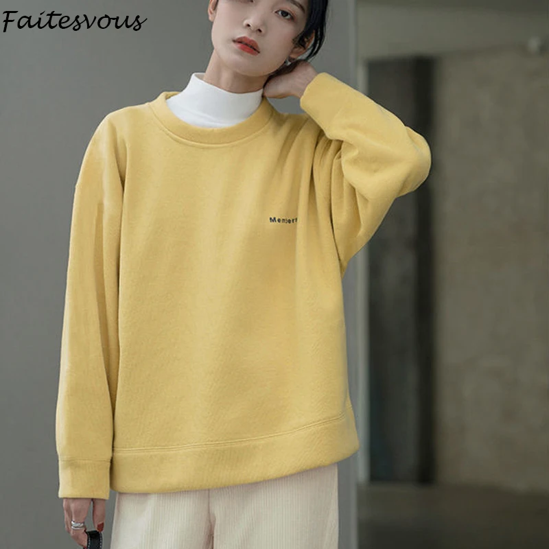 

Yellow Embroidered Sweatshirts Women Harajuku O-neck Plus Size Hoodies Korean Loose Letter Long-sleeved Shirt 2021 Autumn New