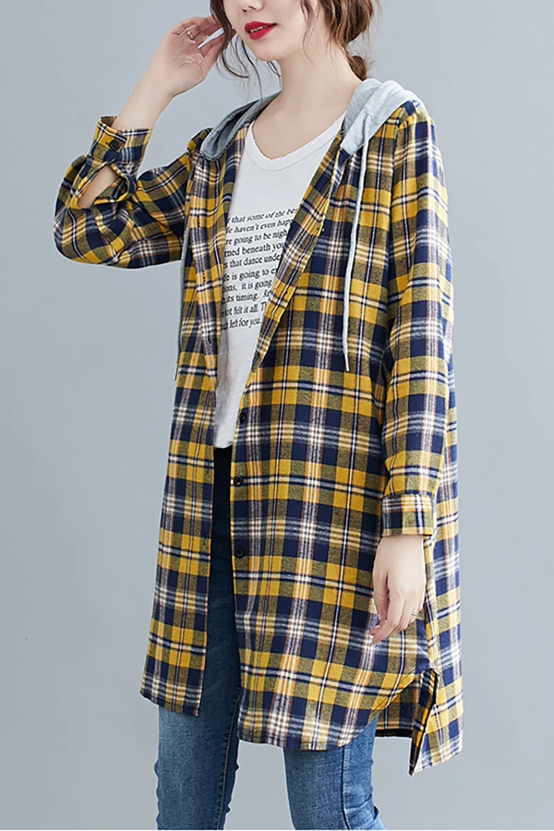 

LZMONE 2021 Spring And Autumn New Retro Plaid Top Women's Medium Length Loose Large Hooded Casual Coat
