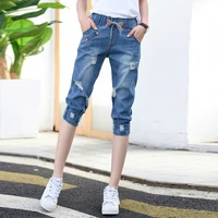 women 2021 summer ripped capris jeans woman female loose calf length denim shorts casual high waist harem jeans pants