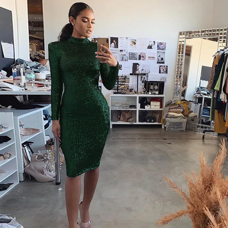 Соблазнительное Новое модное блестящее платье с длинным рукавом облегающее