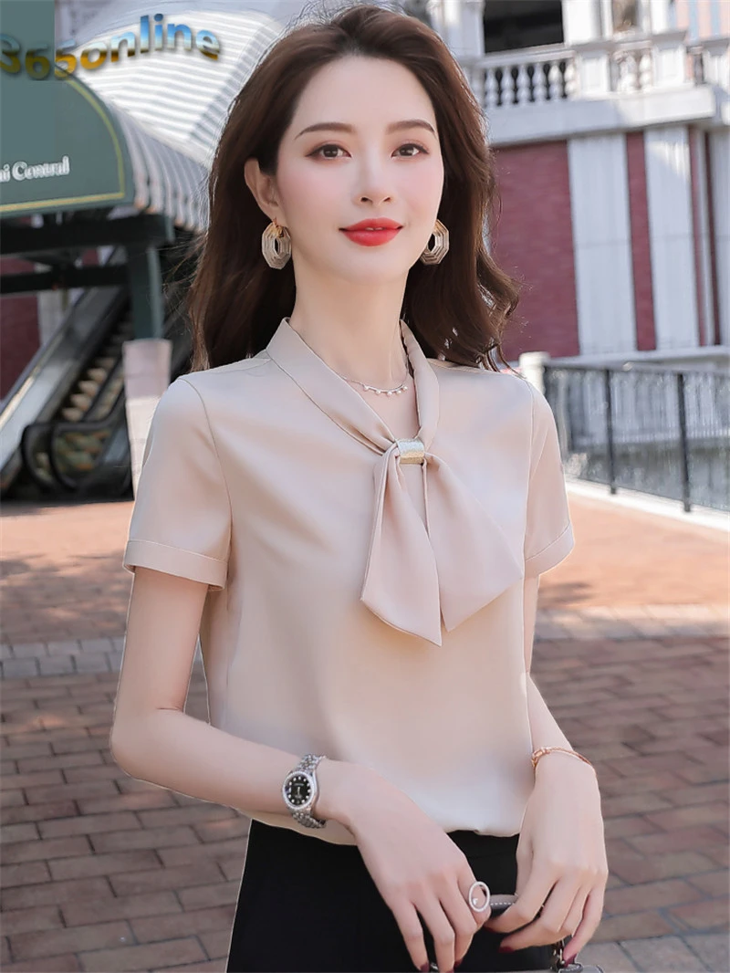 Блузка женская летняя с коротким рукавом элегантная рубашка модный топ в офисном