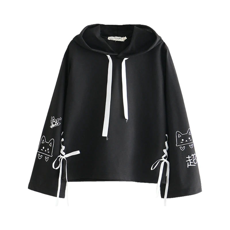 

XUANHAO Cartoon Cat Print Hooded Sweatshirts Winter Women Long Sleeve Harajuku Pullovers Femme Cotton Lace Up Black Hoodies