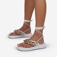 platform mid heel trifle flip toe metal chain anklet pu lace up bandage roman sandals