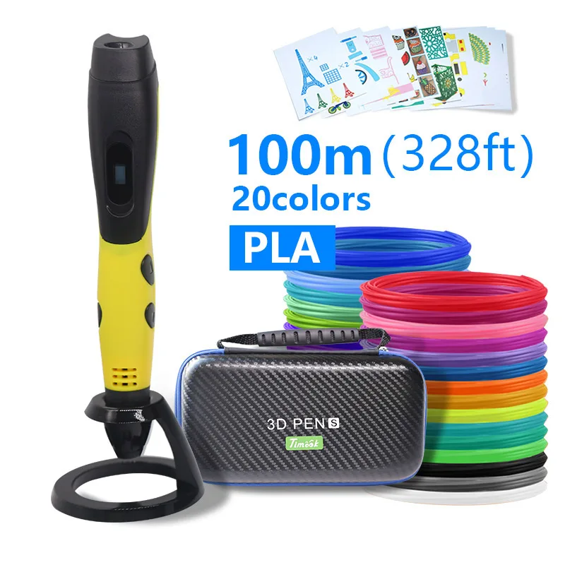 Yellow pen PLA100m 3d ручка 3d-ручки, светодиодный дисплей, ABS / PLA-филамент, 3-я ручка Добавить специальные брекеты для защиты рук,с 5 В в 2A usb адаптер 3d-печатные ручки Рождественские подарки - Цвет: Yellow pen PLA100m