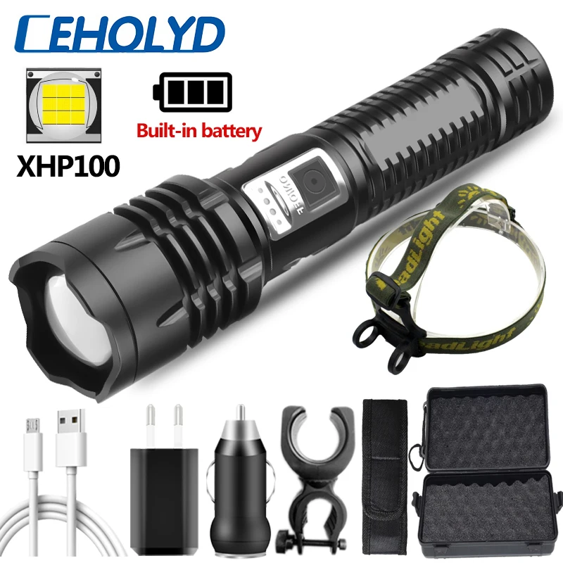 Мощная светодиодная вспышка XHP100 фонарь с Usb-зарядкой и встроенным аккумулятором