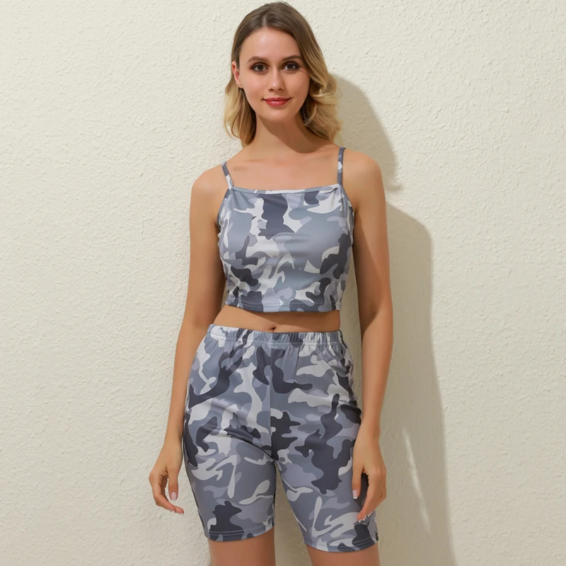 Летний короткий спортивный костюм с камуфляжным принтом повседневная одежда из