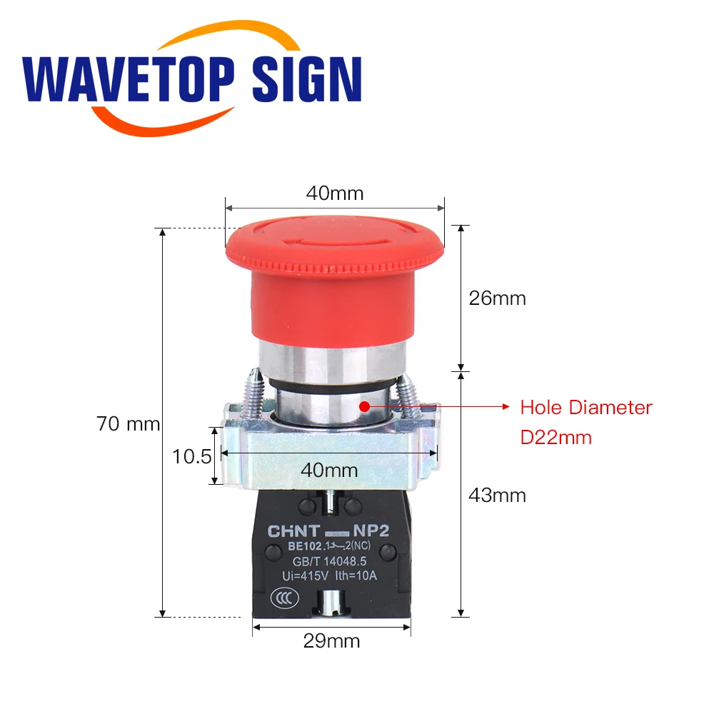 WaveTopSign Кнопка аварийной остановки NC Номинальный ток 10A для CO2 Лазерная