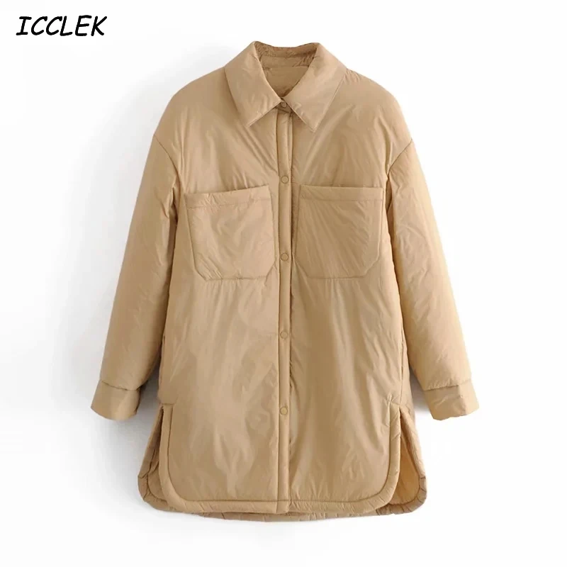 

Za Women's Jackets Oversize Parkas Thin Coats Khaki Shirt Coat Long Femme BF Long Sleeves Big Pockets Outerwear Mujer Large Coat