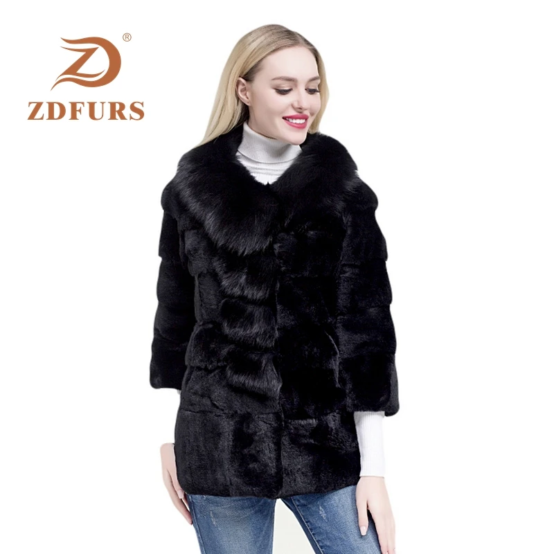 ZDFURS* whole skin rex rabbit fur coat female winter new big fox fur collar long paragraph nine-point sleeve coat  fur jacket