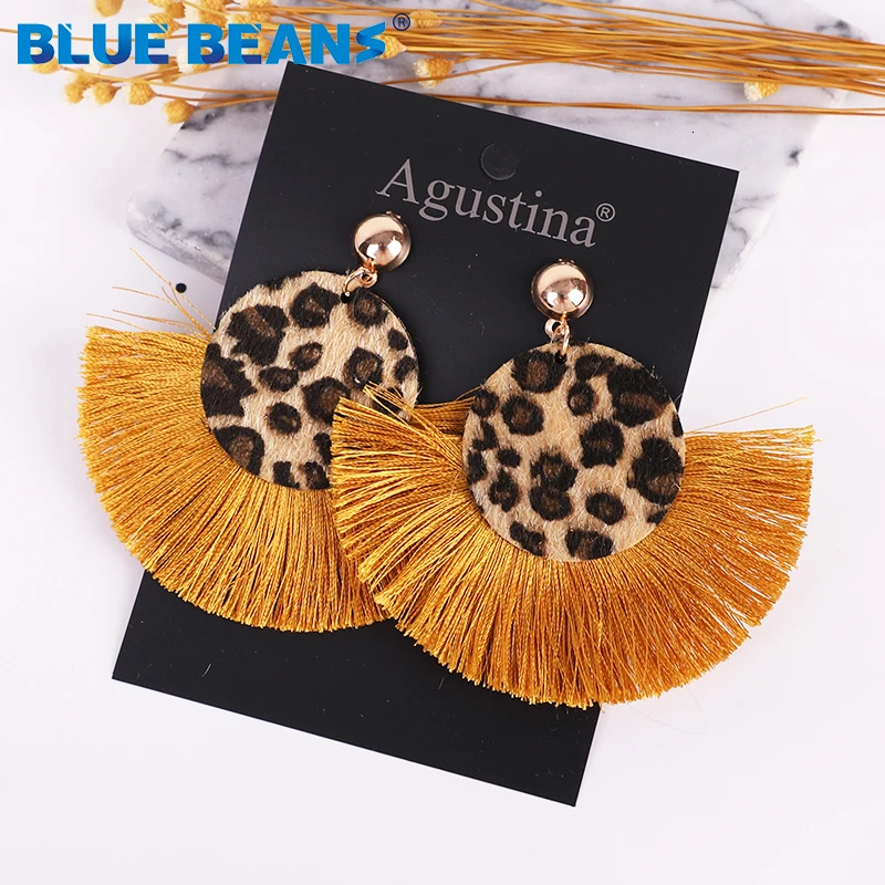 Женские богемные серьги с большими кисточками Длинные круглые леопардовые