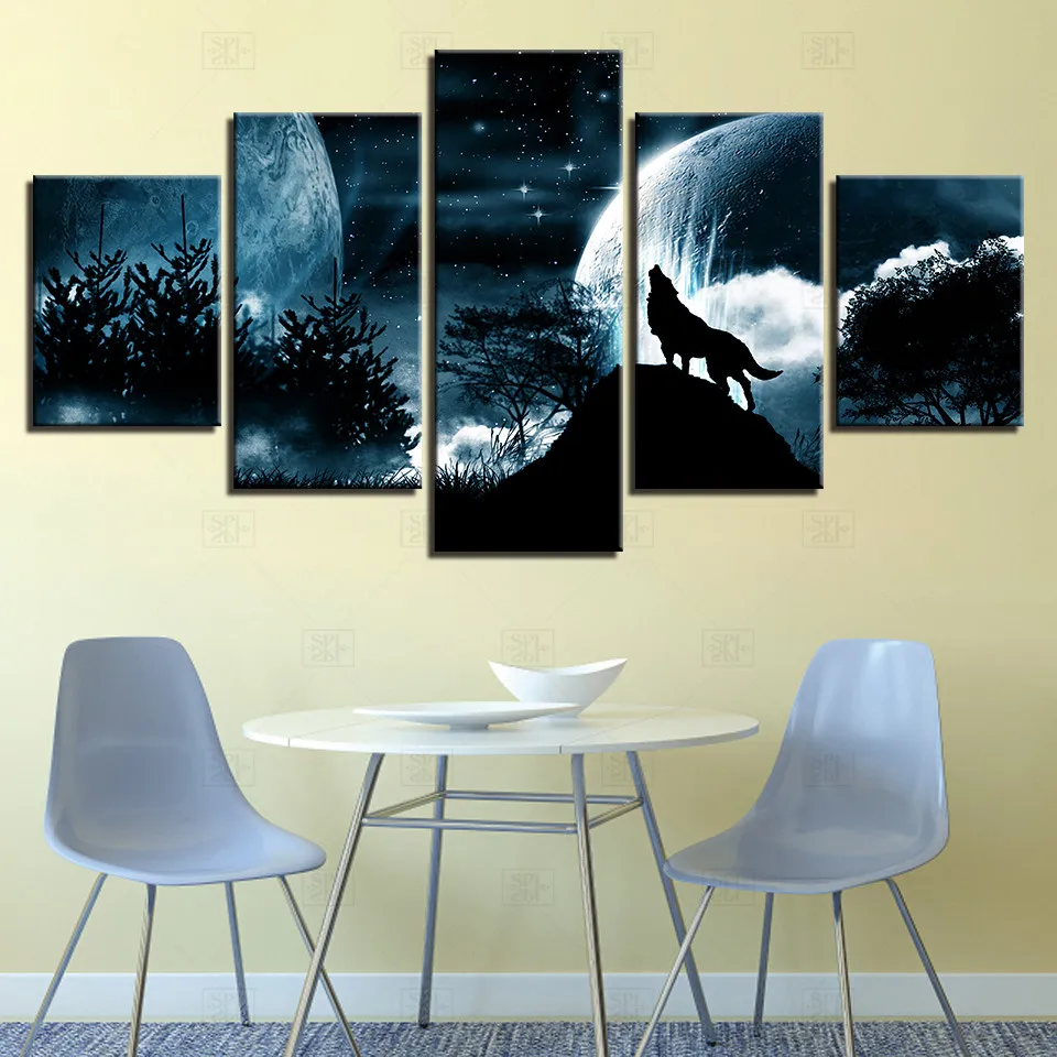 

Living Room Modular Pictures HD Printed Canvas 5 Panel Full Moon Night Forest Wolf Framed Wall Art Painting Poster Home Decor