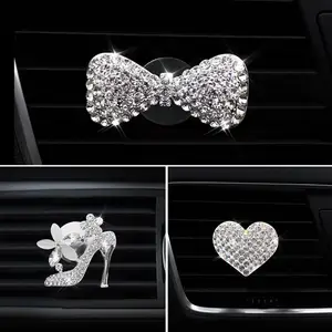For Women Bling Crystal Car Air Vent Clip Charm Crystal Shoe Bag Heart Bow Shape Decor Rhinestone Car Interior Decoration Charm