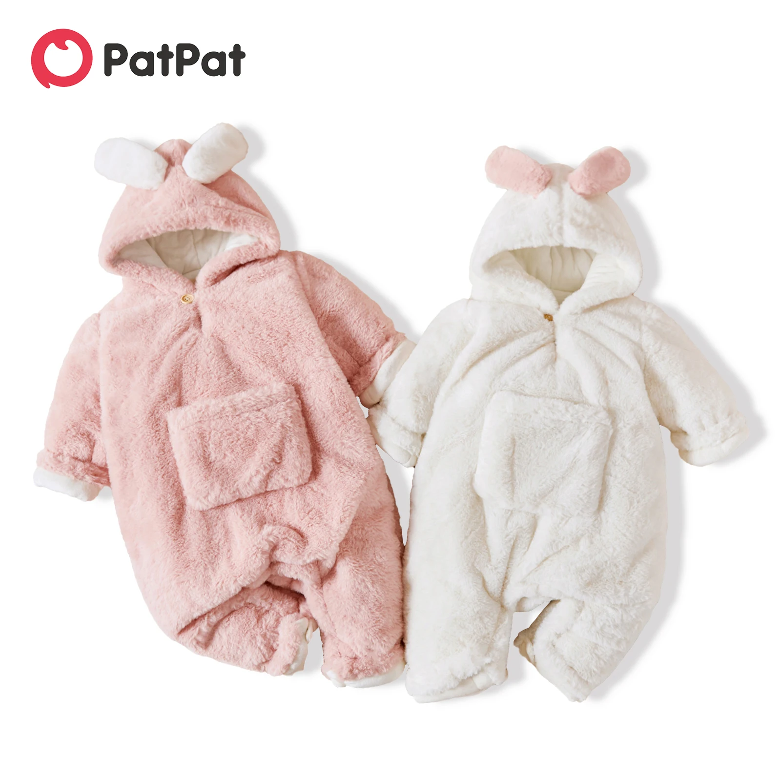 

PatPat Baby Boy/Girl Solid Thickened Fuzzy Fleece Rabbit Ears Hooded Long-sleeve Jumpsuit