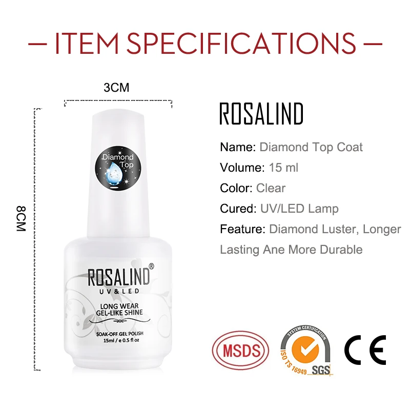 

ROSALIND Top Coat Gel Nail Polish Diamond Transparent Soak Off UV Primer Gel Vernis 15ml Long Lasting Gel Lacquer Art Manicure