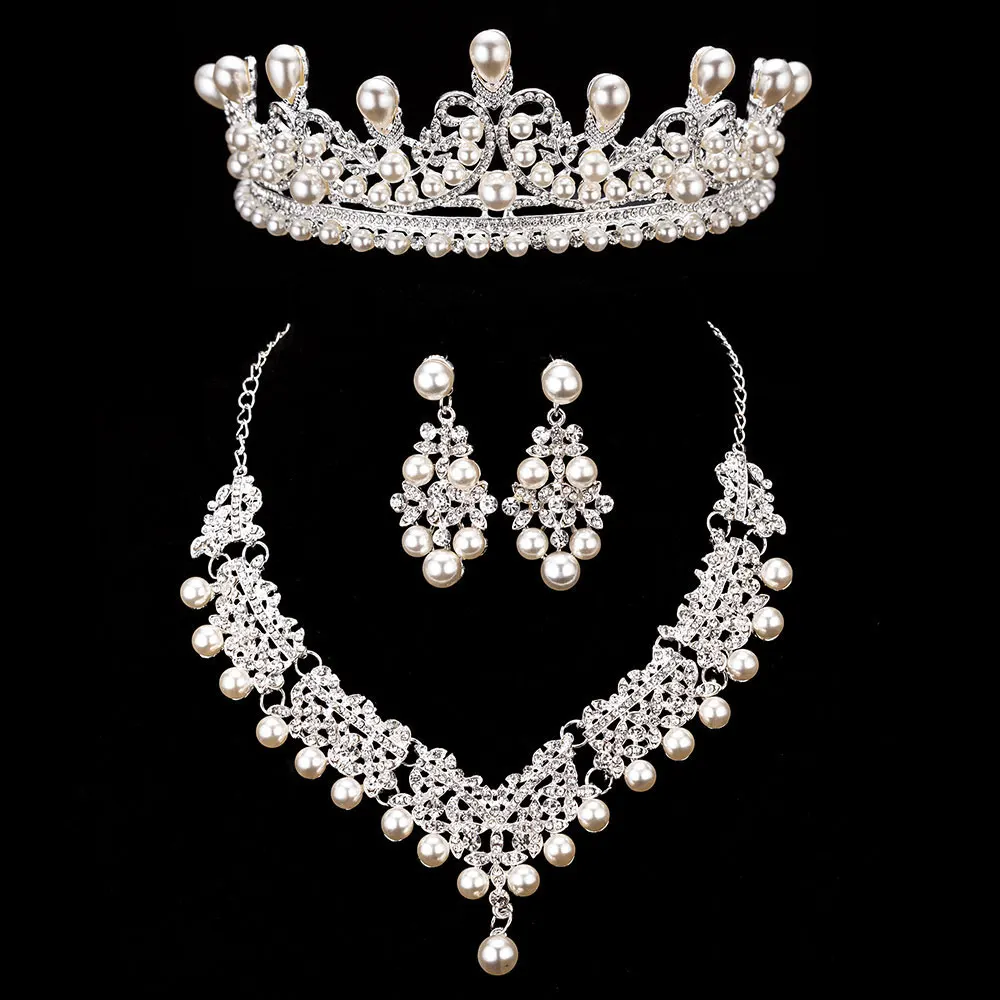 3PCS Set 4 KMVEXO 3 шт. великолепные жемчужные свадебные комплекты ювелирных изделий для невесты женский костюм невесты Кристальные Тиары Корона ожерелье серьги наборы - Окраска металла: 3PCS Set 4