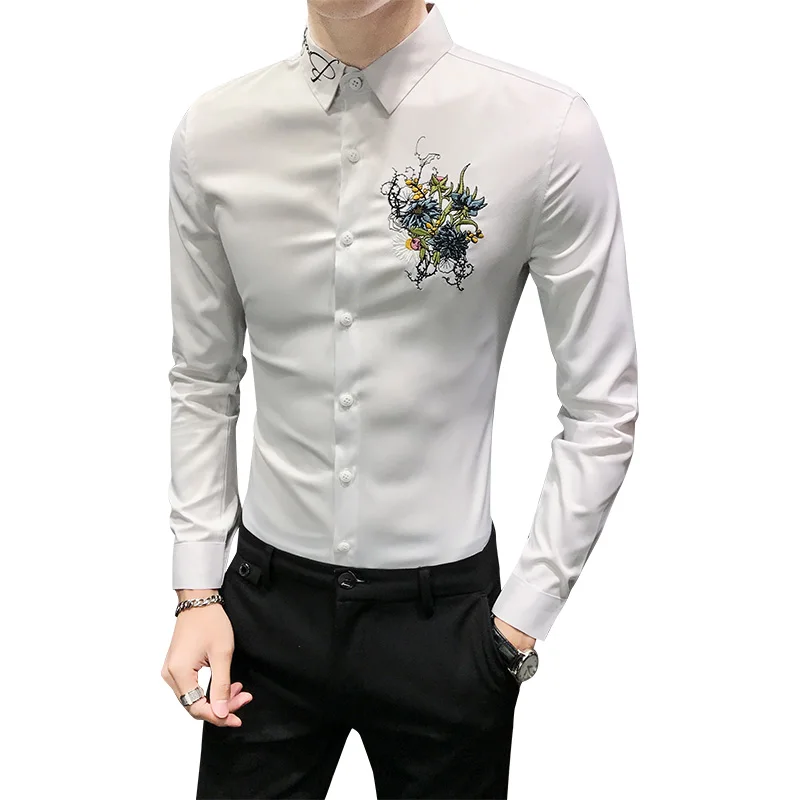 

Blouse Embroidery Flower Homme Long Sleeve Casual Men Shirt 2021 Slim Fit Streetwear Social Formal Business Dress Shirts Camisa