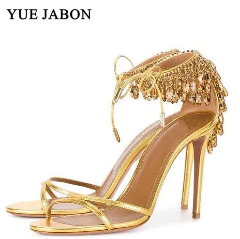 

Luxury Diamond Crystal Embellished Fringed Gladiator Sandals Women Ankle Tie Stiletto High Heels 10cm Women party shoes