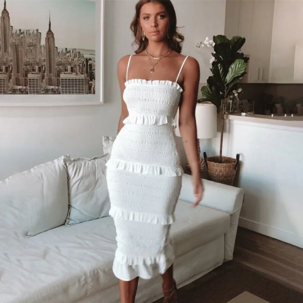 

Summer Fashion Sling Sexy Slim Party Dress 2021 New Ruffles Solid Simple Casual Bodycon Long Dresses