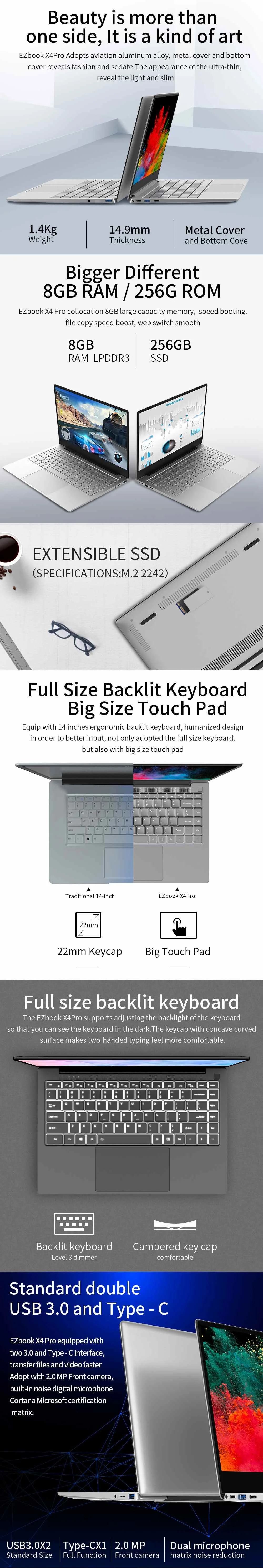 Ноутбук Jumper EZbook X4 Pro, 14 дюймов, Intel Core i3-5005U, четырехъядерный процессор DDR3, 8 ГБ, 256 ГБ, SSD, Мп, камера Win 10, ультратонкий ноутбук