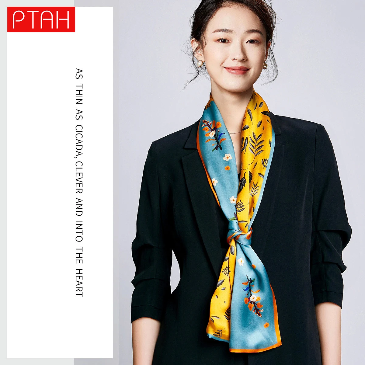 

[PTAH] Women Silk Puffy 100% Mulberry Silk Scarf Ladies Banquet Softer Breathable Digital Printed Scarf High Quality 15*150 cm