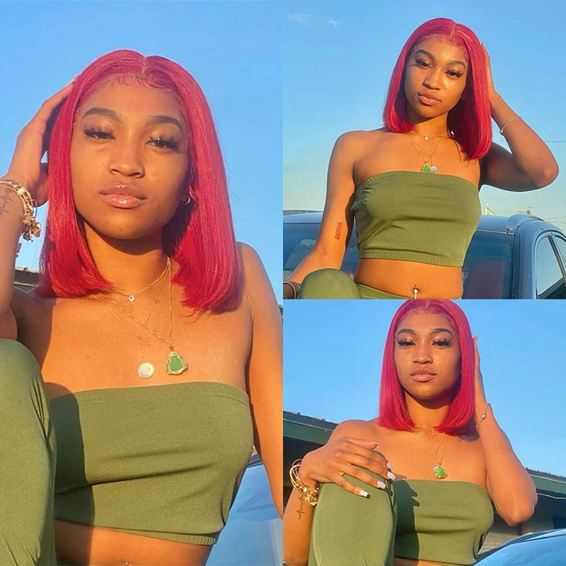 

13*1 Lace Front Human Hair Wigs Straight Short Bob Wigs Red Colored Bob WIG Peruvian Pre-Plucked 150% For Black Women Remy Hair