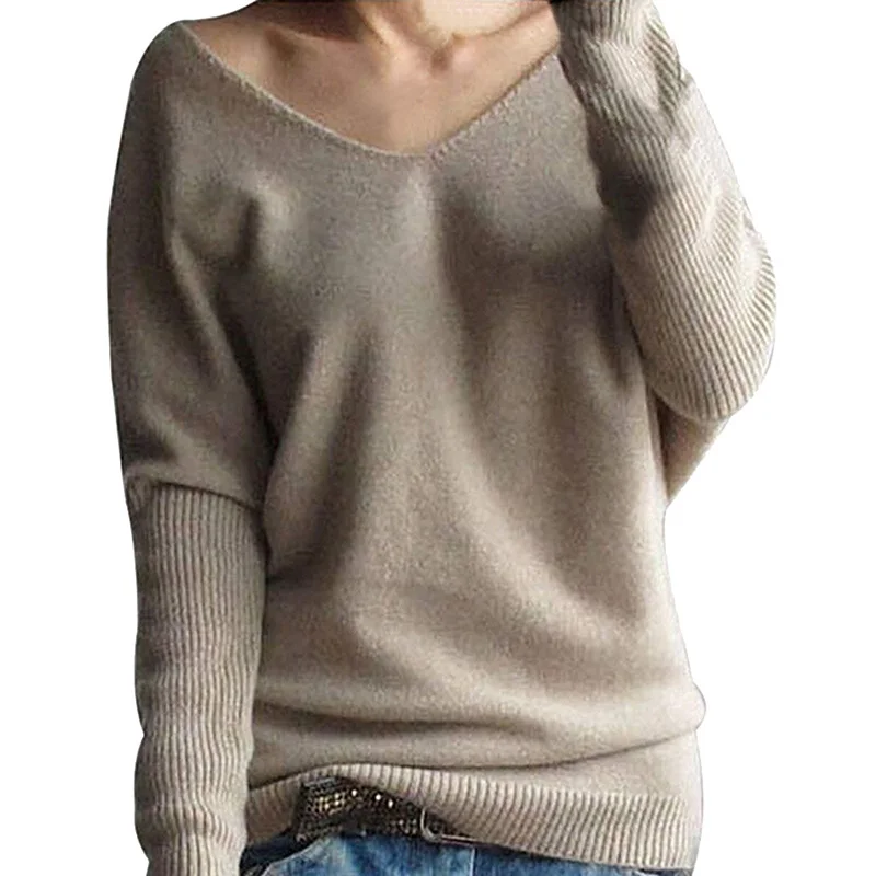 

New Hot Ladies Loose V-neck Bat Sleeve Pullover Sweater Knit Shirt Solid Color Casual long sleeve crop sweater jumpers mujer