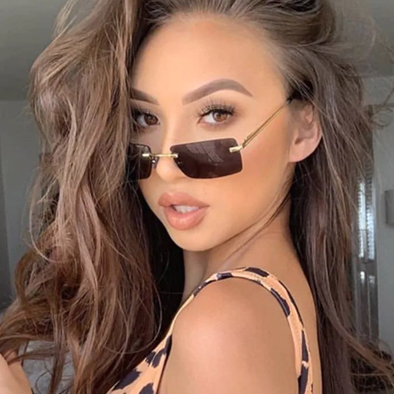 

New Small Square Rimless Sunglasses Brand Designer Summer Style Vintage Luxury Yellow Eyewear Trendy Rectangle sun glasses