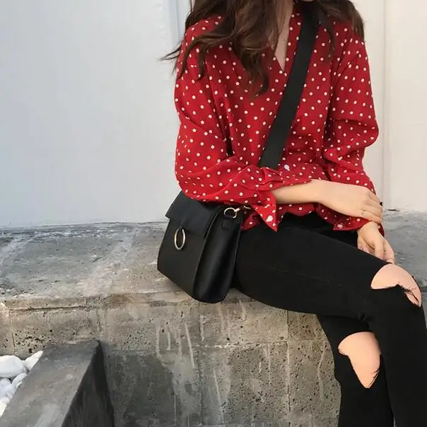 Женские блузки новинка 2019 винтажная красная блузка в горошек с v-образным вырезом