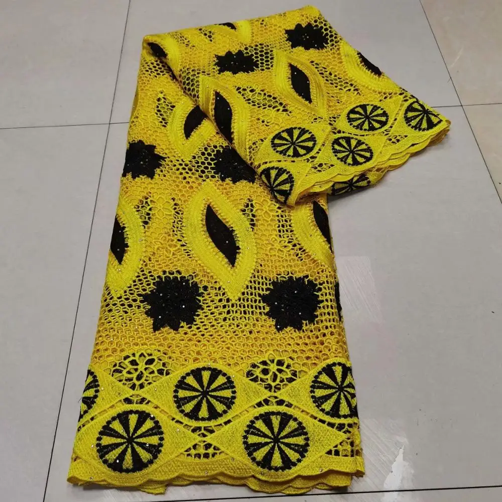 

New yellow France Water Soluble Lace Fabric With Stones Nigerian High Quality Milk Silk Lace Fabric for Wedding FW118