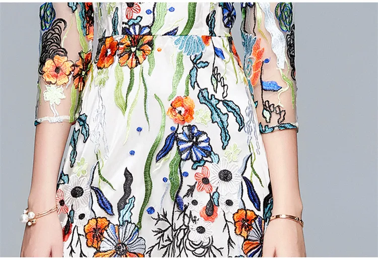

New Fashion Women Embroidery Mesh Dress Flower Perspective 3/4 Sleeve Vestidos Elegant Work Casual Vintage Party Midi Dresses