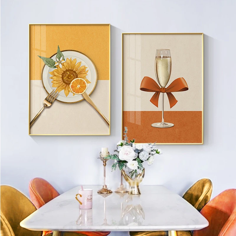 

Modern minimalist sunflower mural Nordic light luxury style high-end dining room table background wall painting