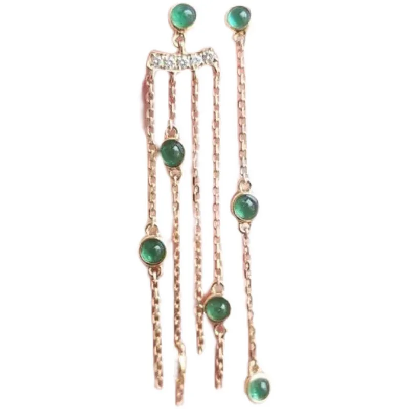 

Emerald Chalcedony Stud Earrings Egg Surface Tassel Ear String Earring S925 Sterling Silver Inlaid Chic Tassel Earrings