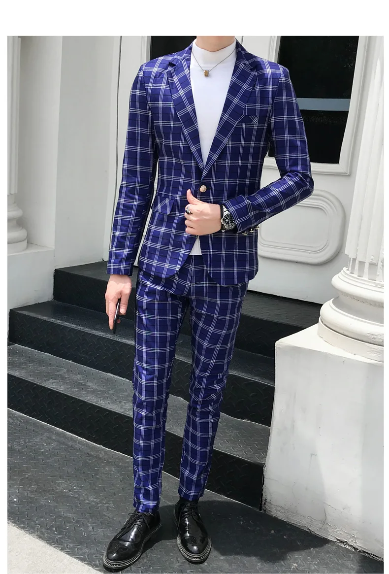 Мужской Клетчатый костюм, костюм до лодыжки, Homme Mariage Cofee, в синюю полоску, в клетку, элегантный Trajes De Hombre Novio, клетчатый костюм для мужчин