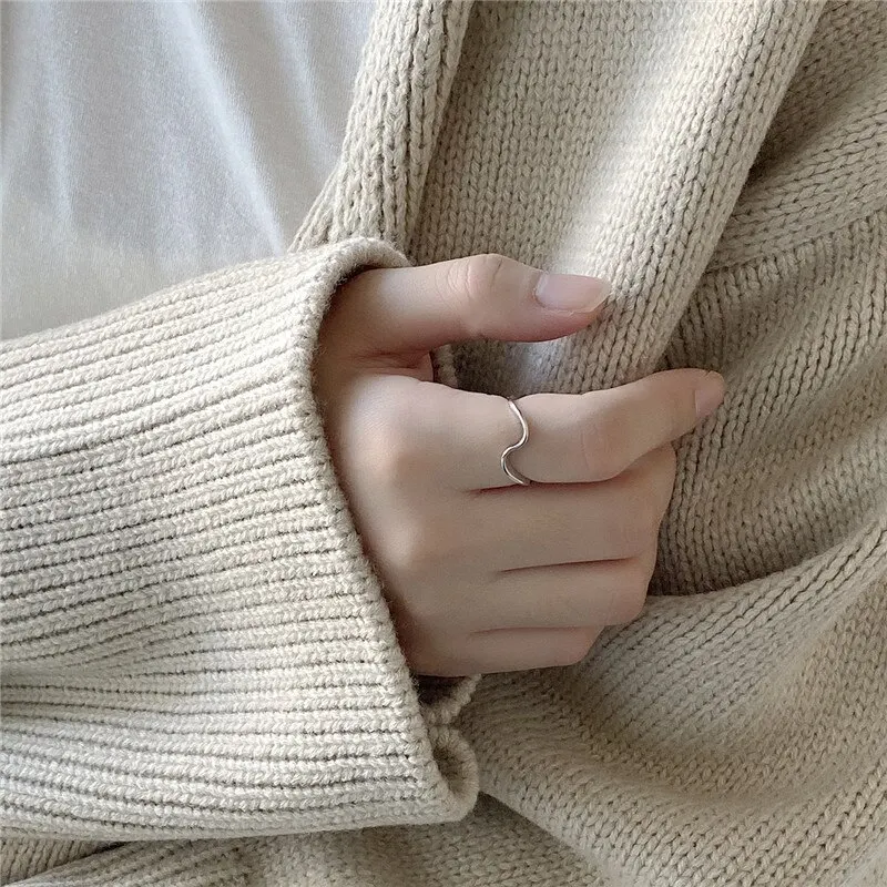 

A00526 Fashion Genuine 100% 925 Sterling Silver Minimalist Wave Opening Finger Ring for Women Wedding Party Jewelry
