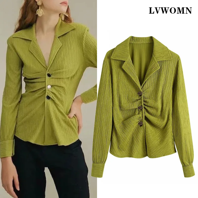 

LVWOMN Za Blouses Women 2021 Spring Ruched Long Sleeve Top Woman Vintage Lapel Slim Women Clothing Button Chic Tops Female shirt