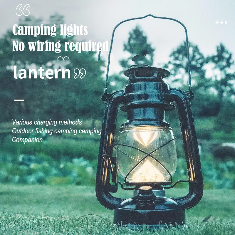 

Outdoor Portable Camping Lantern Kerosene Lamp Retro Rechargeable Hanging Tent Light Long Battery Life Camping Light Hook Design