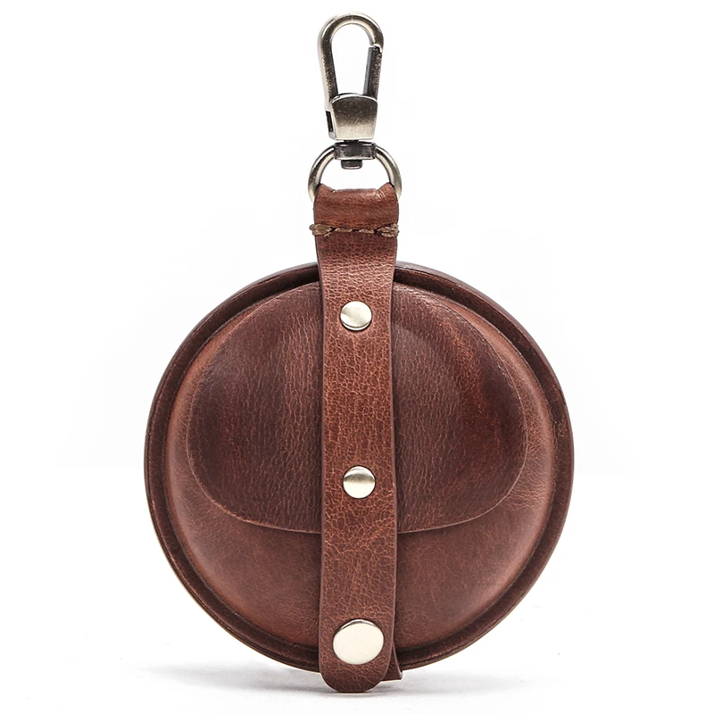 

Genuine Leather Coin Purse Men Vintage Crazy Horse Small Change Pocket Earphone Headphone Airpod Case Storage Bag Cover Round