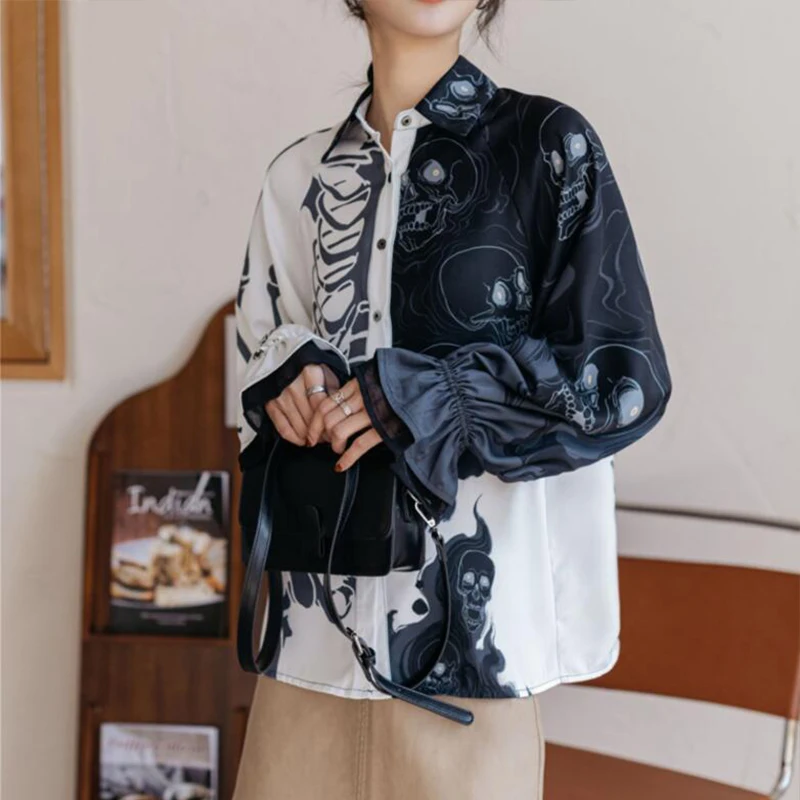 

Plus size Vintage skull Printing shirts Vogue Harajuku Women's Blouses lantern Sleeve Shirts Blusas Mujer Female