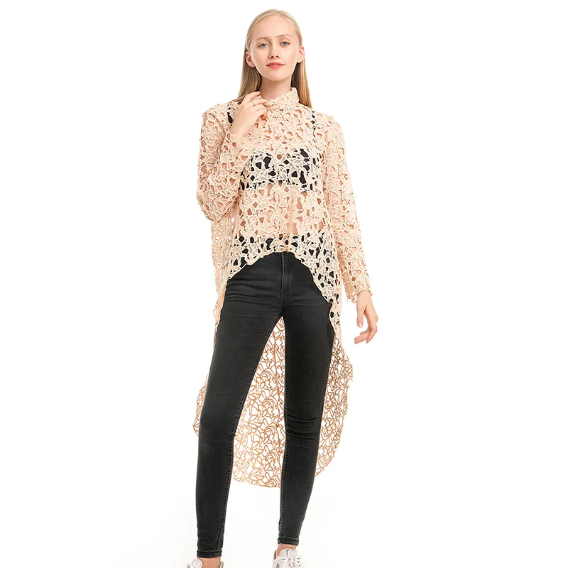 

Women's Lace Hollow Out Shirt Long Sleeve Irregular Tops Blouses Woman 2019 Loose Solid Minimalism Lablusa Camiseta De Mujer