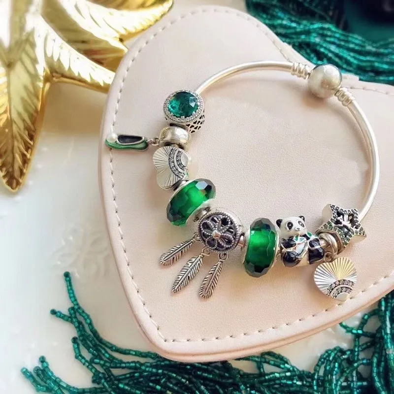 

100% 925 Sterling Silver Shadow Princess Shoes And Panda Beaded Pan Bracelet For Women Wedding Party Gift Fashion Jewelry