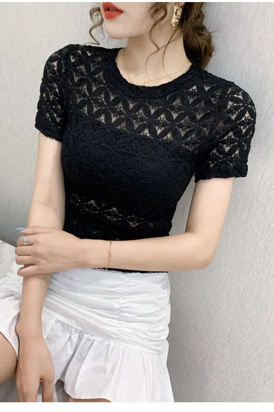

Summer Short Sleeved Lace Shirt Women's New Large Size Slimming Wild T-shirt Women's Top 200 Hollow Bottoming Shirt