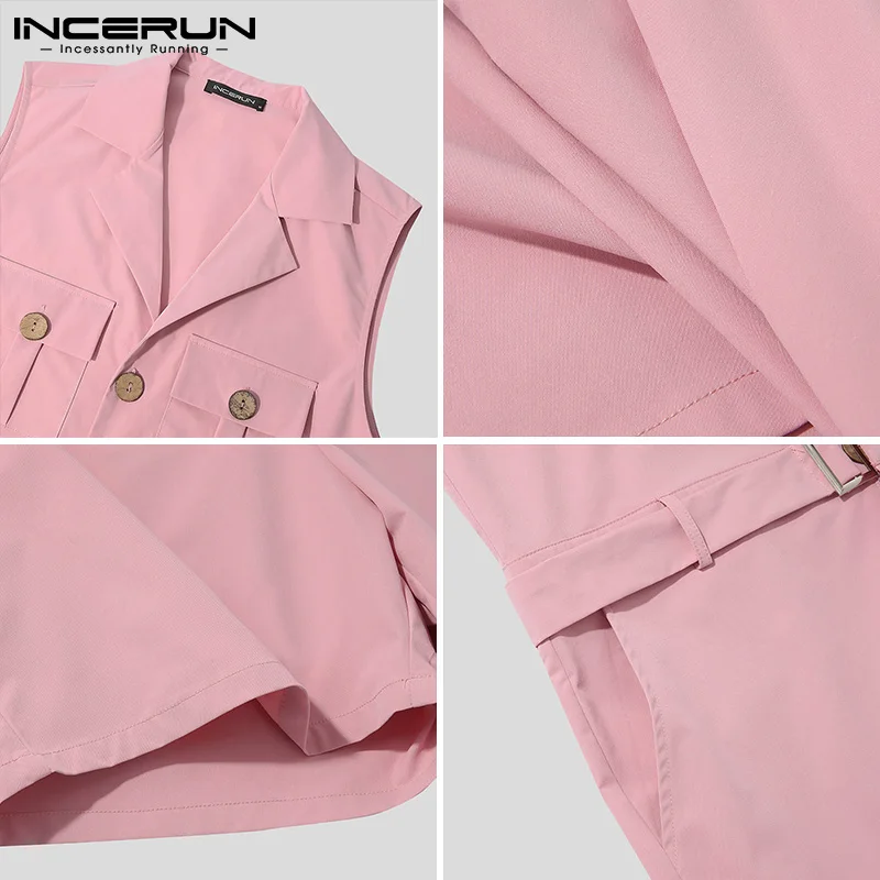 

2021 Fashion Men Rompers Solid Color Streetwear Lapel Sleeveless Jumpsuits With Belt Pockets Summer Casual Men Overalls INCERUN