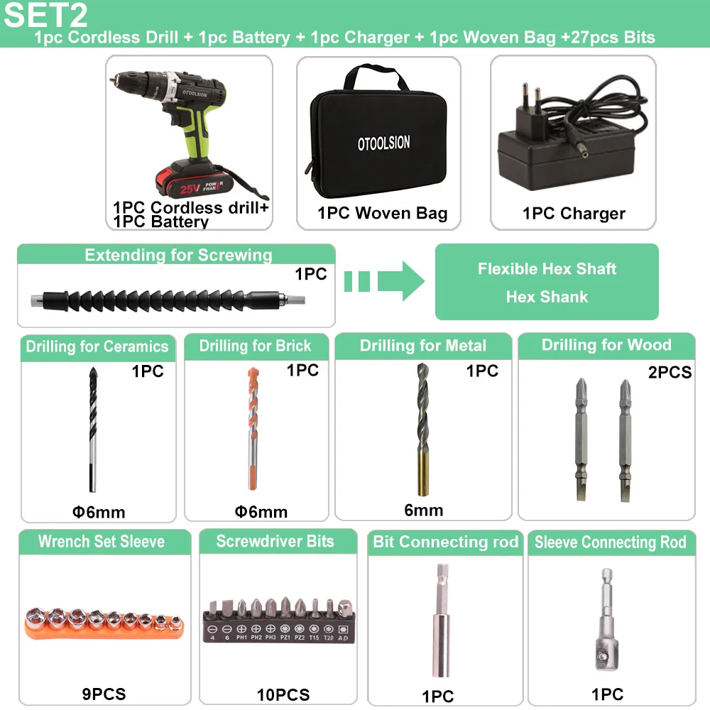 SET2 (1 pc battery) 25V 48N.m Impact Battery Drill Cordless Screwdriver Power Tools Impact Electric Screwdriver Electric Impact Drills+27 Pcs Parts - Цвет: SET2 (1 pc battery)