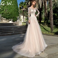 elegant long sleeve a line wedding dress 2022 lace appliques bridal robeswedding gowns o neck bride gown vestidos de novia