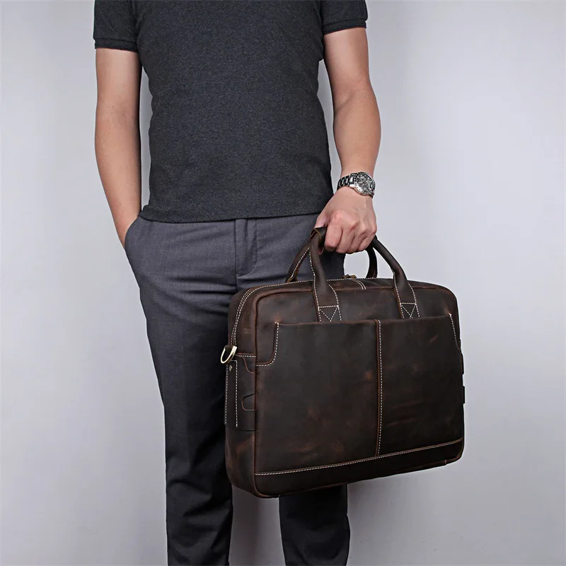 Men's Business Briefcase Male Genuine Leather Handbag for Men Crazy Horse Leather Laptop Shoulder Messenger Bag Crossbody Bag
