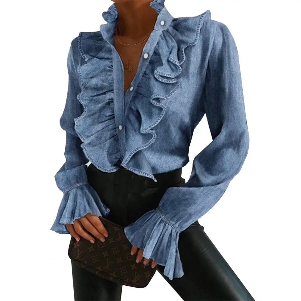 

Elegant Women Autumn Long Flared Sleeve Blouse Ruffle Buttons Office Shirt Top