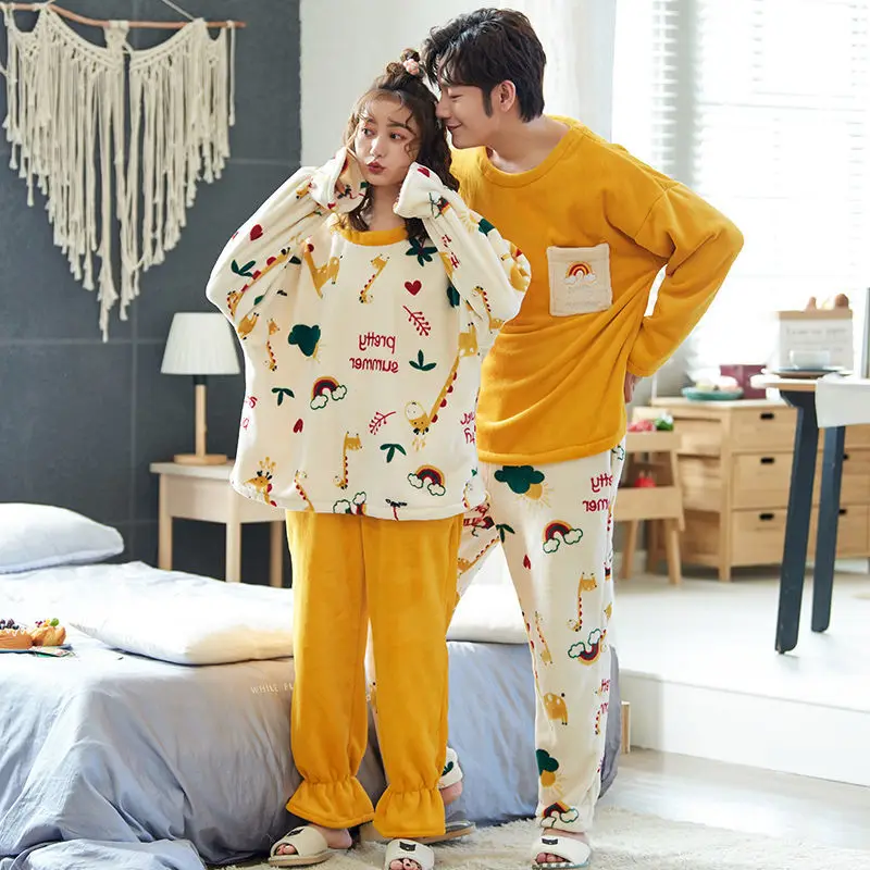 New Fall and Winter Couples Pajamas Coral Velvet Korean Version of The Student Cute Thickened Facecloth Loungewear Suit Pajamas