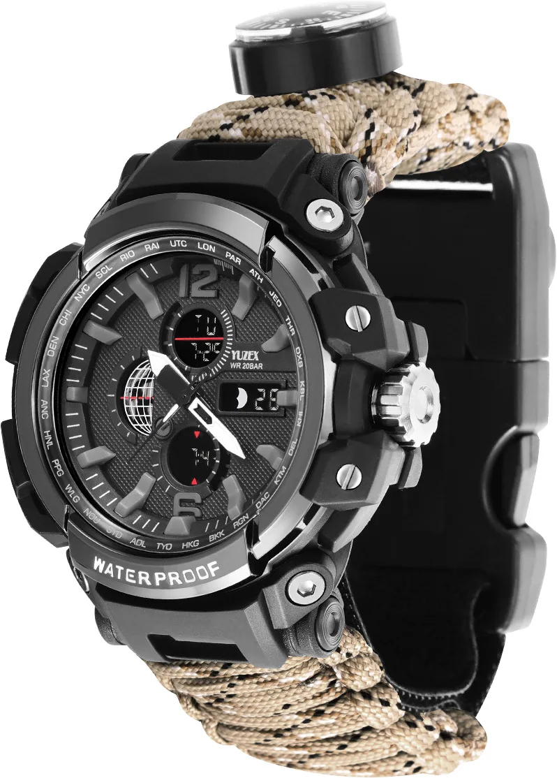 Мужские Женские электронные спортивные водонепроницаемые цифровые часы для выживания на открытом воздухе Многофункциональный светодиодный светильник веревка для зонтика браслет часы - Цвет: Desert camouflage