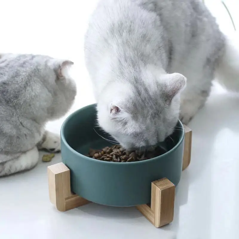 

Ceramic Raised Cat Bowl Food Water Dog Basic Bowl with Anti-Slip Wooden Stand Protect Neck Joints Pet Feeding Bowls Easy to Clea
